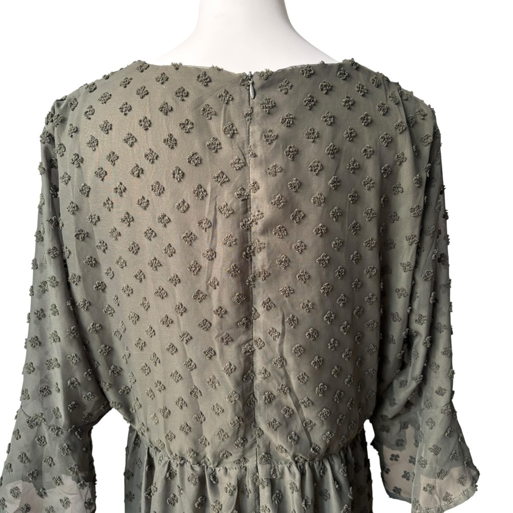 NWT, A Beautiful Soul Olive Flock Spot 3/4 Sleeve Tie Bow V-Neck, Sz 1X - Picture 11 of 15
